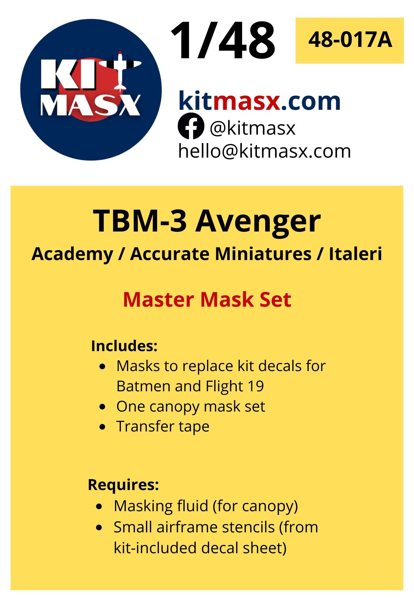 Academy, Accurate Miniatures, & Italeri TBM-3 Avenger Master Mask Set Scale Model Accessories Kit Masx 